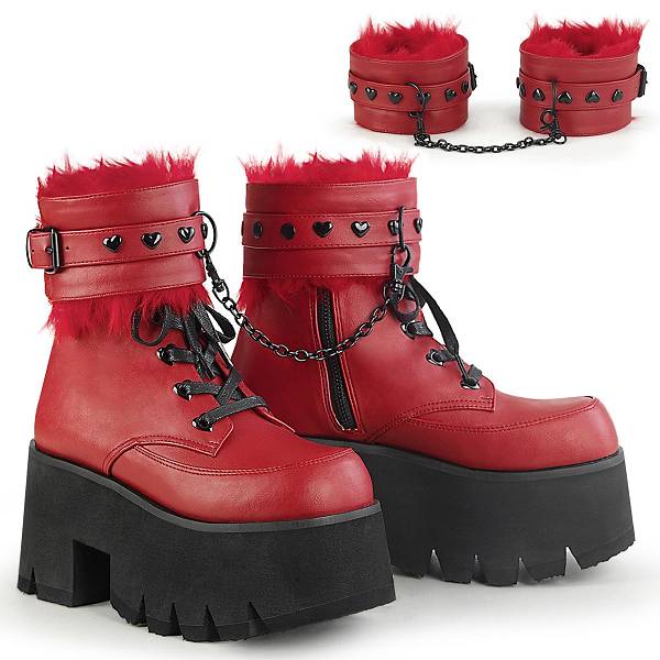 Demonia Women's Ashes-57 Platform Ankle Boots - Red Vegan Leather D0916-25US Clearance
